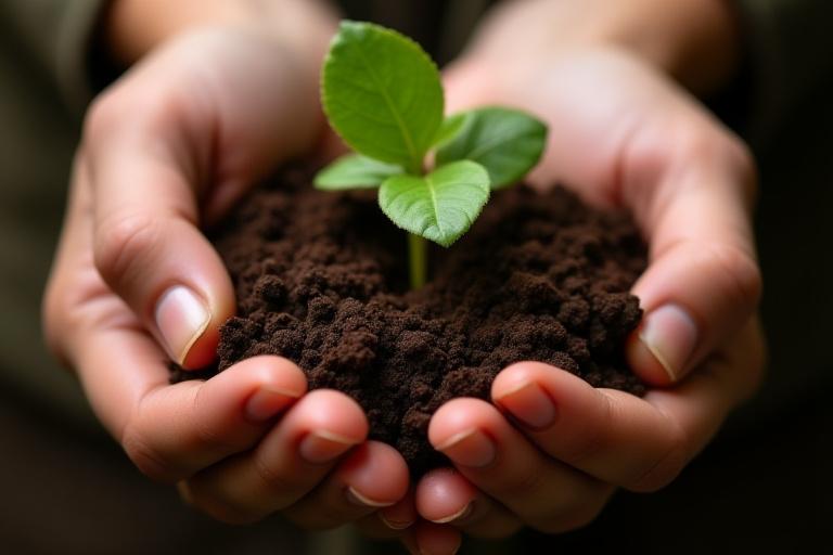 土と植物の苗を持つ手、自然とのつながりを象徴