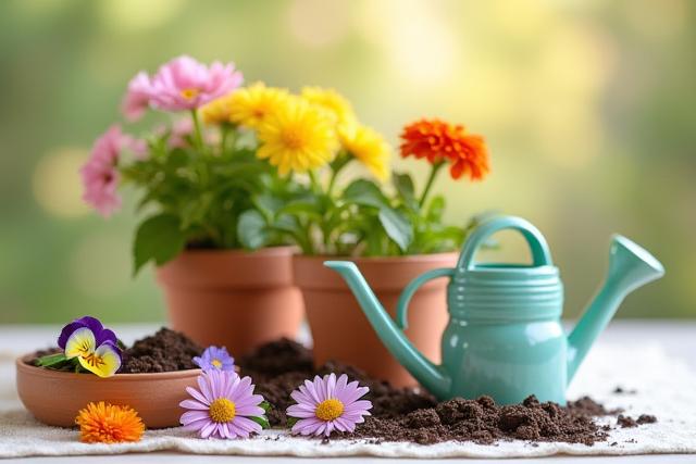 咲き誇る季節の花のキット：パンジー、マリーゴールド、種、土、ポット