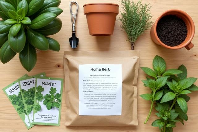 ハーブガーデンキットの内容物：バジルの種、小さなポット、特殊培養土、育て方ガイド