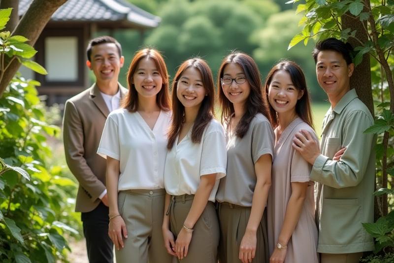 Vurnestalius Bloom Terra Japanの創業者とチームが美しい日本庭園で笑顔でポーズをとっています